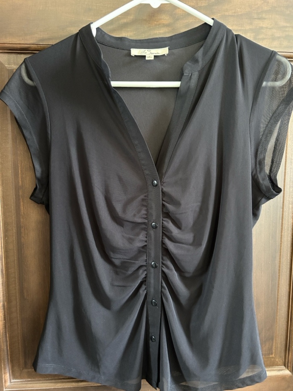 LES SEREIN
Rylee Full Button Mesh Short Sleeve Knit Top
